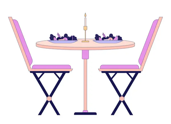 Romantische Tisch Stühle Lineare Cartoon Objekt Restaurantspeiseteller Bei Kerzenlicht Isoliert — Stockvektor