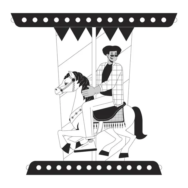Hispanic Young Man Riding Horse Carousel Black White Line Cartoon — Stock Vector