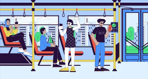 Contactless Public Transport Payment Cartoon Flat Illustration Multicultural Bus Passengers — Stock Vector