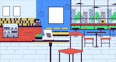 QR kod stand çizgi filmi düz resimli bir kafe. Kafe tezgahı fırını. QR menü tablosu 2D satır içi renkli arkaplan. Mobilya kahvesi duvar sahne vektörü hikaye anlatımı resmi
