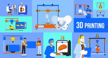 3D baskı teknolojisi bento ızgara illüstrasyon seti. Katma imalat 2D vektör resim kolajı grafik koleksiyonu. Çok kültürlü yetişkin endüstri teknisyenleri düz karakterli kartonpiyer düzeni