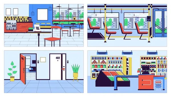 Espacio Público Interior Dibujos Animados Conjunto Ilustración Plana Cafetería Supermercado — Vector de stock