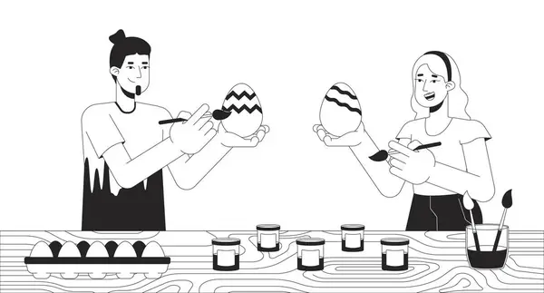 Pareja Caucásica Pintando Huevos Pascua Personajes Dibujos Animados Blanco Negro — Vector de stock
