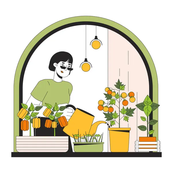 种植室内蔬菜窗玻璃线漫画平面插图 亚洲妇女2D线形字符隔离在白色背景 减少用电量 节能家庭场景矢量彩色图像 — 图库矢量图片
