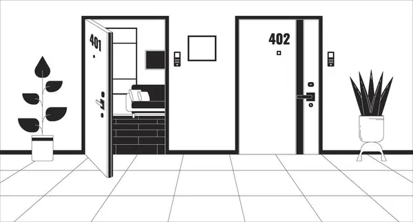 Complejo Apartamento Puertas Dentro Línea Ilustración Blanco Negro Pasillo Residencial — Archivo Imágenes Vectoriales