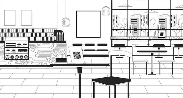 Koffie Winkel Interieur Met Code Staan Zwart Wit Lijn Illustratie — Stockvector