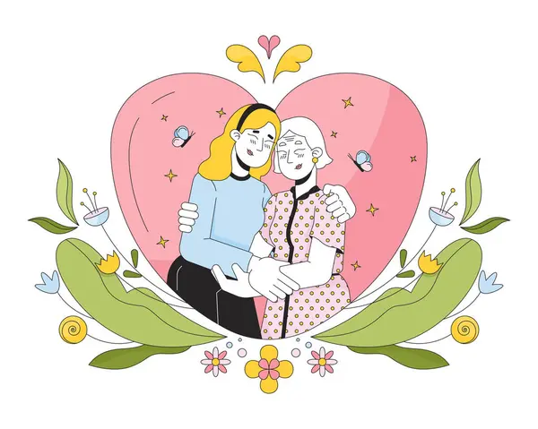 Dankbarkeit Muttertag Lineare Illustration Konzept Nähe Liebevolle Ältere Mutter Tochter — Stockvektor