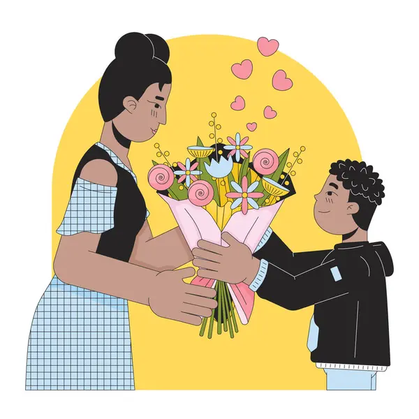 Bouquet Flowers Mother Day Line Cartoon Flat Illustration Mom Son — Stock Vector