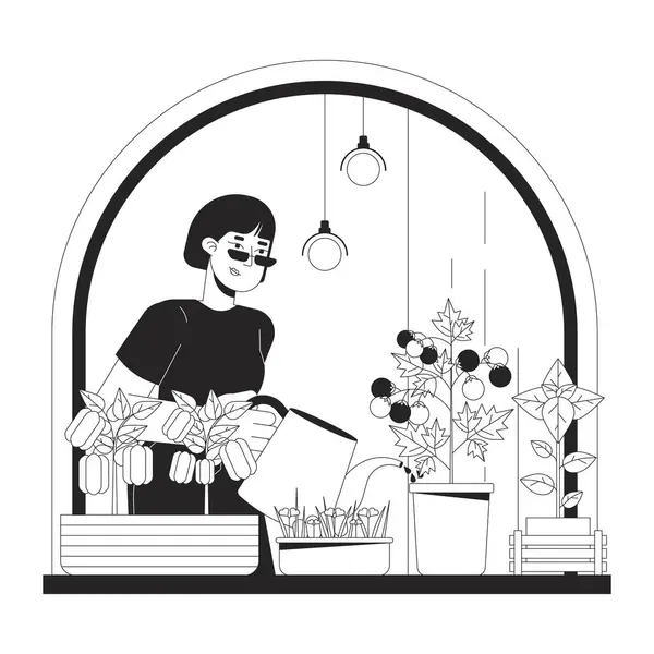 生长室内蔬菜窗玻璃黑白卡通画平面插图 亚洲女人2D线形字符隔离 减少用电量 节能家庭单色矢量轮廓图像 — 图库矢量图片