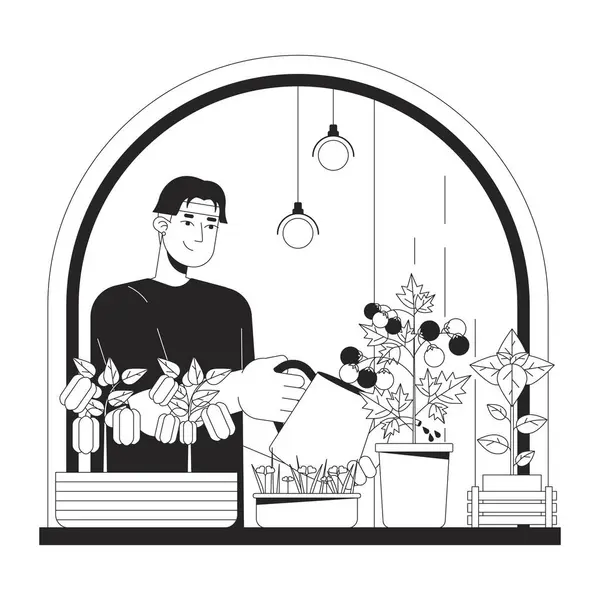 室内蔬菜园黑白卡通平面插图 亚洲男性浇水蔬菜2D线形性状分离 降低能源成本 在家庭单色场景矢量轮廓图像 — 图库矢量图片