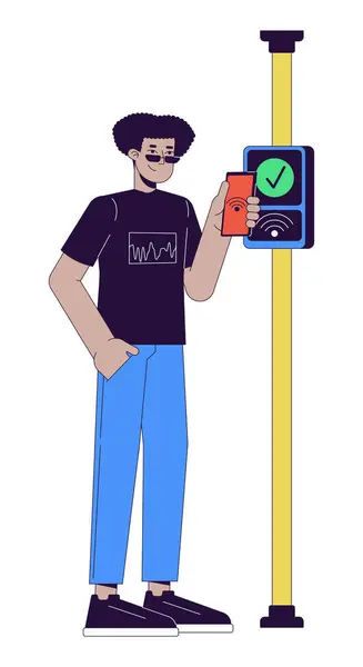 Nfc電話2Dリニア漫画のキャラクターで運賃を支払っているヒスパニックの若者 バス通勤ラティーノ男性隔離ラインベクター人白い背景 非接触支払い色 フラットスポットイラスト — ストックベクタ