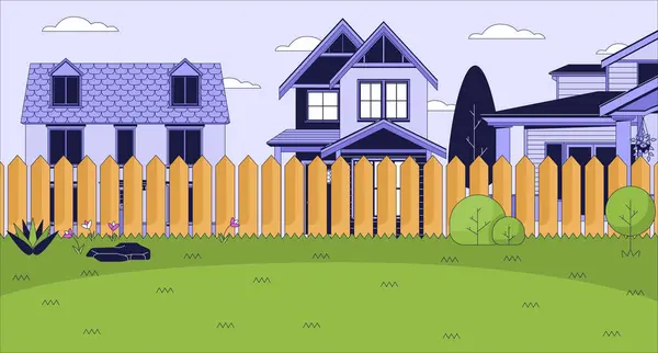 Cottage Achtertuin Met Groene Gazon Cartoon Platte Illustratie Zomer Voorstedelijke — Stockvector