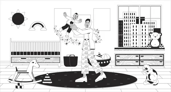 Máma Hraje Dítě Dětském Pokoji Černobílé Čáry Ilustrace Batole Hrát — Stockový vektor