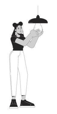 Verimli ışıklandırma, siyah beyaz çizgi film düz çizim. Latin kadın ampul 2D çizgi film karakterinin yerini aldı. Sürdürülebilir ışık kaynağı tek renkli vektör ana hatlı resim yükle