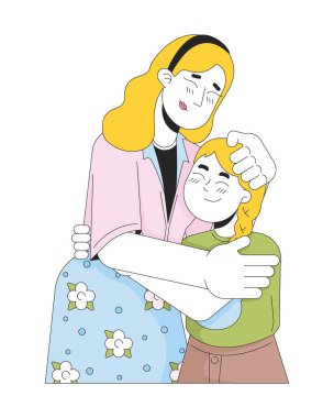 İki boyutlu çizgi film karakterlerini kucaklayan bekar anne genç kız. Kafkasyalı anne, küçük kız izole edilmiş çizgi vektörlerine sarılıyor beyaz arka plan. Rahatlatıcı renk düz nokta çizimi