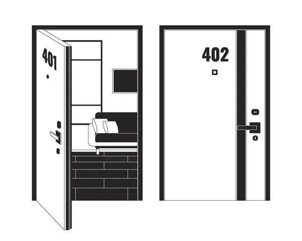 公寓建筑走廊黑色和白色2D线条的卡通物体 邻居公寓门隔离病媒轮廓项目 居住在多层公寓入口酒店单色平面插画中 — 图库矢量图片
