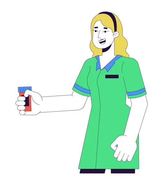 Pharmacien Femelle Tenant Bouteille Pilules Personnage Dessin Animé Linéaire Travailleur — Image vectorielle