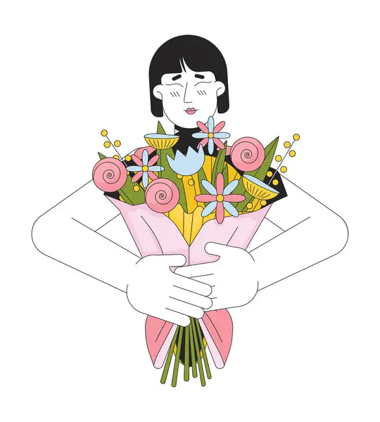 Affectueux Bouquet Mère Personnage Dessin Animé Linéaire Étreinte Fleurs Asiatique — Image vectorielle
