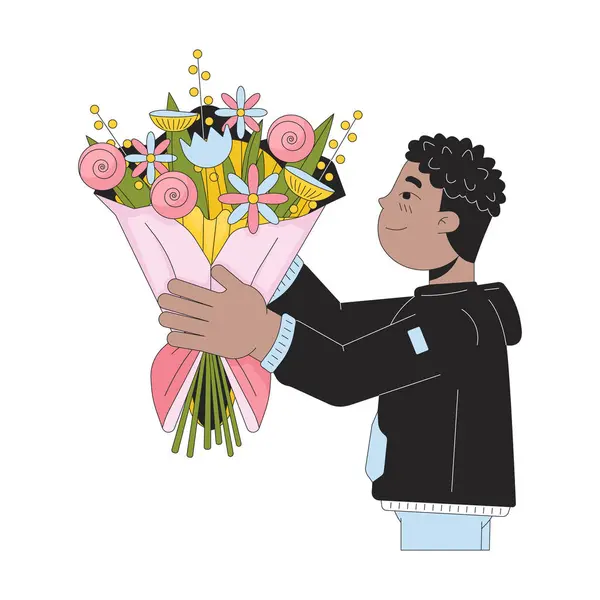 Africain Américain Garçon Donnant Bouquet Personnage Dessin Animé Linéaire Noir — Image vectorielle