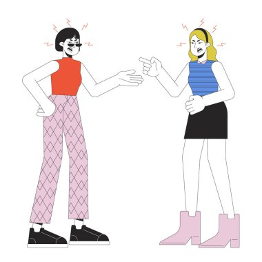 İki kadın karikatür çizgi filmi düz çizim. Beyaz arka planda izole edilmiş 2 boyutlu agresif çizgi film karakterleri. Duygusal ifade, vücut dili sahne vektör rengi resmi