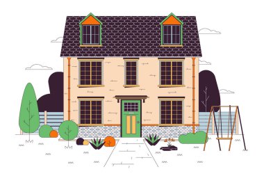 Salıncaklı, yeşil çizgili düz çizgili çizgili çoklu aile evi. Aile evi. Ön taraftaki bina dış tarafındaki 2D çizgi nesnesi beyaz arka planda izole edilmiş. Sahne sahne vektörü renk resmini emlak