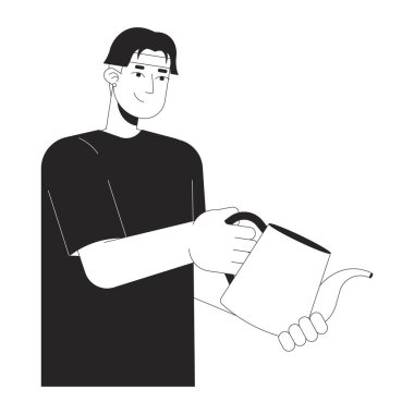 Elinde siyah-beyaz renkli, 2D çizgi film karakteri olan Koreli adam. Yetişkin erkek bahçıvan bahçe aletleri izole edilmiş vektör çizgisi kişisi. Su dökülüyor tek renkli düz nokta çizimi