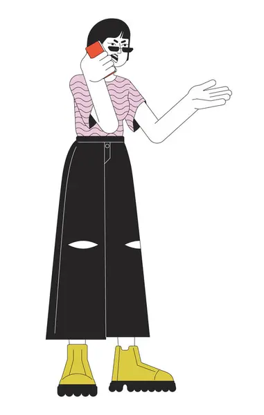 Femme Coréenne Discutant Sur Ligne Téléphonique Dessin Animé Plat Illustration — Image vectorielle