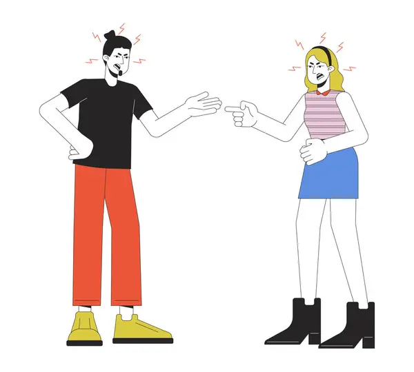 Couple Caucasien Querelle Ligne Dessin Animé Plat Illustration Difficultés Relationnelles — Image vectorielle