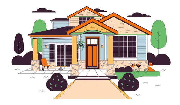 Bungalow Country House Line Cartoon Flat Illustration New Ranch Home — Stock Vector