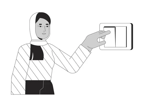 关掉黑白卡通画的平面插图 穆斯林头巾女性2D线形字符隔离 减少用电量 家庭单色场景矢量轮廓图像节能 — 图库矢量图片