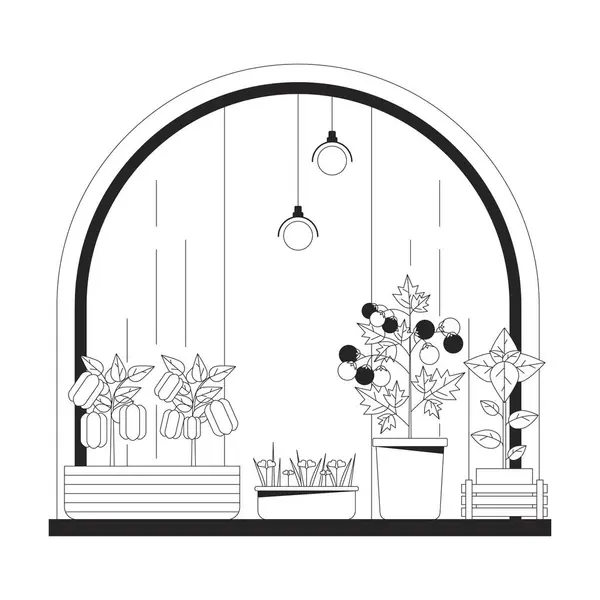 Windowsill Garden Black White Line Cartoon Object Indoor Gardening Window — Stock Vector
