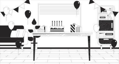 Doğum günü partisi siyah-beyaz çizgi çizimi kutlaması. Kutlama pastası ve dekore edilmiş oda 2D iç mekan monokrom arka planında hediyeler. Mutlu bayramlar, ana hatlarıyla sahne vektörü imajı.