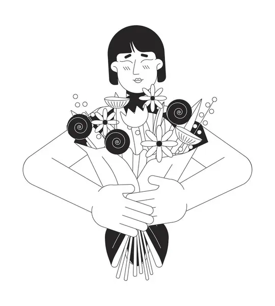 充满爱心的母亲花束黑色和白色2D线条卡通人物 抱着花的亚洲女人孤立的病媒轮廓人 浪漫惊喜生日单色扁平点画 — 图库矢量图片