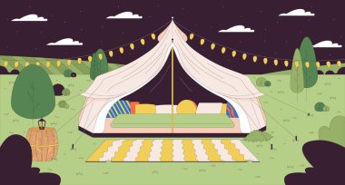 Glamping çadırı yıldızlı gece gökyüzü çizgi filmi düz çizim. Rahat 2B çizgi manzarası renkli arkaplanı geri çekin. Romantik kır kaçamağı. Gece çayırı sahne vektörü hikaye anlatımı resmi