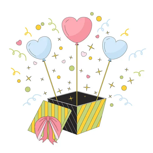 Confetti Μπαλόνια Καρδιά Από Κουτί Δώρου Γραμμικό Αντικείμενο Κινουμένων Σχεδίων — Διανυσματικό Αρχείο