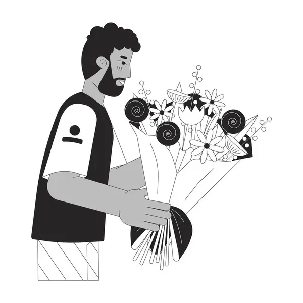 Bearded Black Man Holding Bouquet Black White Line Cartoon Character — Stock Vector