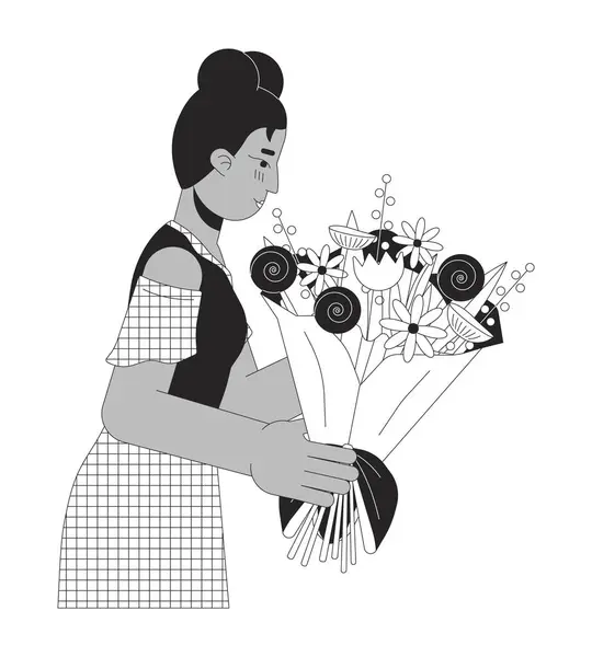 Jeune Femme Noire Obtenir Bouquet Noir Blanc Personnage Dessin Animé — Image vectorielle