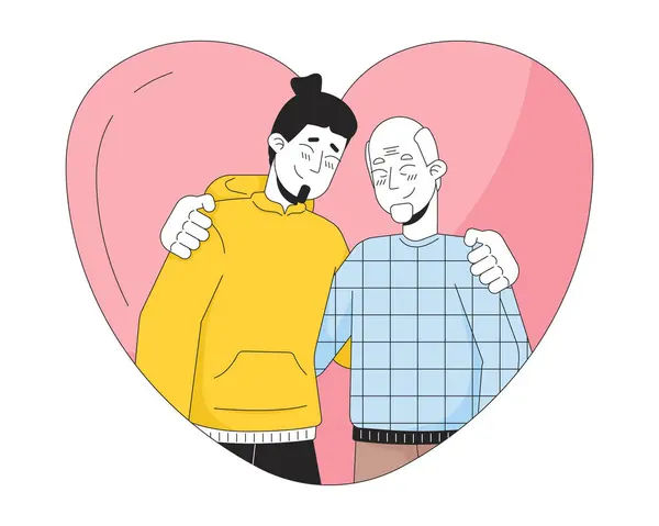 Herzförmige Umarmung Vater Sohn Älteren Lineare Zeichentrickfiguren Herzförmige Umarmung Senior — Stockvektor