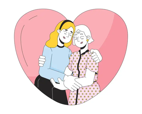 Herzförmige Ältere Mutter Tochter Umarmung Lineare Zeichentrickfiguren Herzförmige Senior Mom — Stockvektor