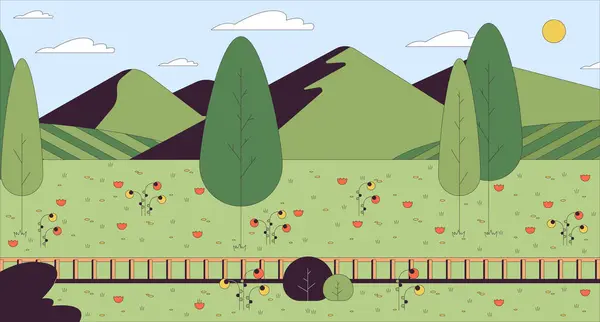 Railroad Hill Cartoon Ilustração Plana Caminho Ferro Encosta Paisagem Linha — Vetor de Stock