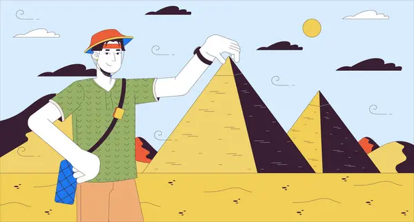 Ägypten Pyramiden Sightseeing Cartoon Flache Illustration Urlaub Touristischen Asiatischen Mann — Stockvektor