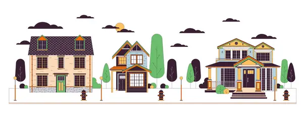 住宅の郊外線漫画フラットイラスト 宿泊施設ストリート 住宅開発について 建物は白い背景で隔離された2D線形オブジェクトを列します 不動産シーンベクターカラー画像 — ストックベクタ