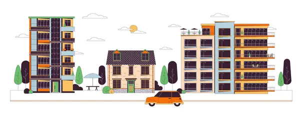 Centro Condominios Línea Dibujos Animados Ilustración Plana Casa Condominios Calle — Vector de stock