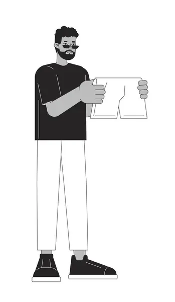 Bearded Black Man Choosing Boxer Shorts Black White Line Cartoon — Stock Vector