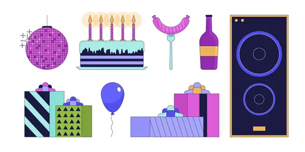 Verjaardagsfeest Viering Lineaire Cartoon Objecten Set Home Decor Voedsel Entertainment — Stockvector