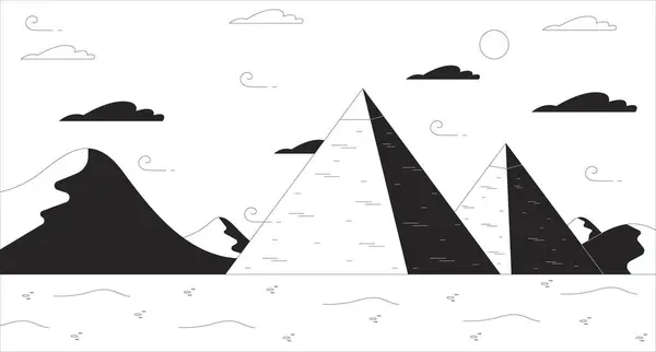 埃及金字塔的黑白线条图解 埃及景观2D景观单色背景 古老的建筑旅行地标沙漠 名胜古迹轮廓场景矢量图像 — 图库矢量图片