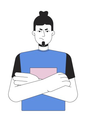 Kaşlarını çatan beyaz adam iki boyutlu çizgifilm karakterinin elini çaprazladı. Onaylamayan yetişkin erkek izole çizgi taşıyıcısı beyaz arka plan. Hareketli vücut dili düz nokta illüstrasyonu