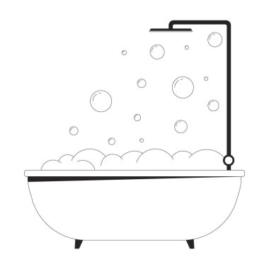 Küvet köpüğü banyosu siyah beyaz çizgi film nesnesi. Yıkama ekipmanı izole edilmiş vektör ana hatları. Banyo hijyeni. Köpük banyosu monokromatik düz nokta çizimi