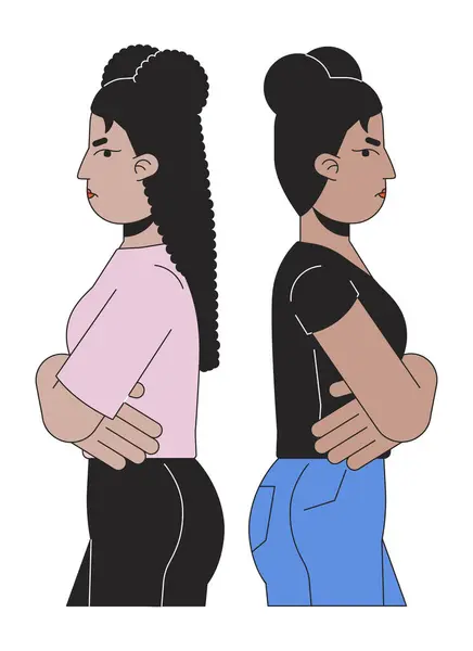 Girls Friends Facing Away Each Other Linear Cartoon Characters Disputing — Stock Vector
