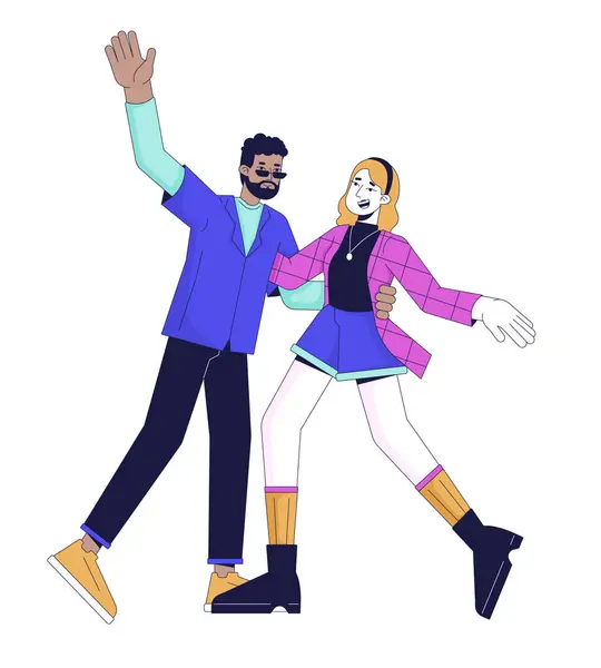 Heureux Couple Dansant Personnages Dessins Animés Linéaires Petit Ami Petite — Image vectorielle